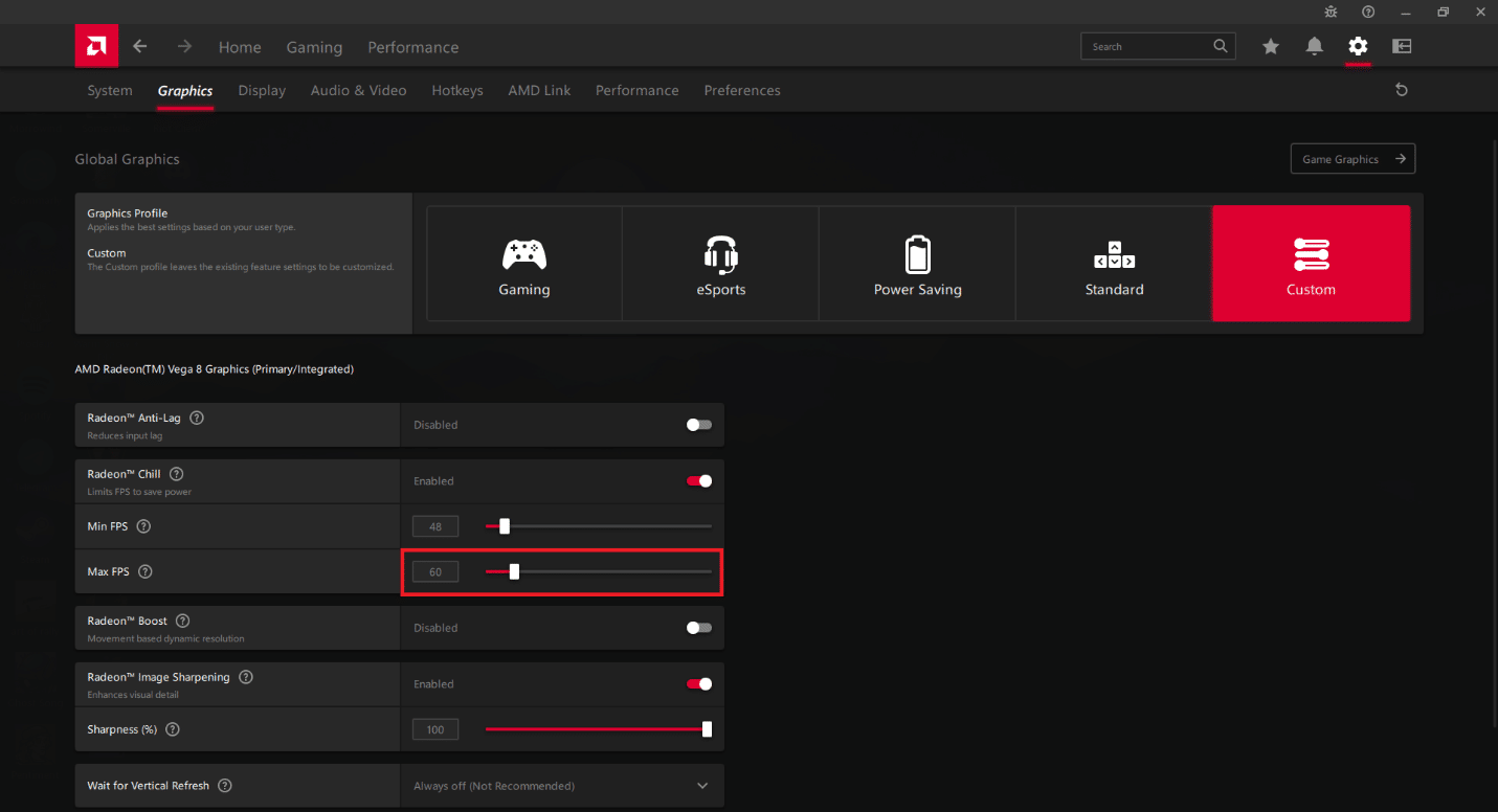Ajuste el control deslizante Max FPS al límite de velocidad de fotogramas deseado