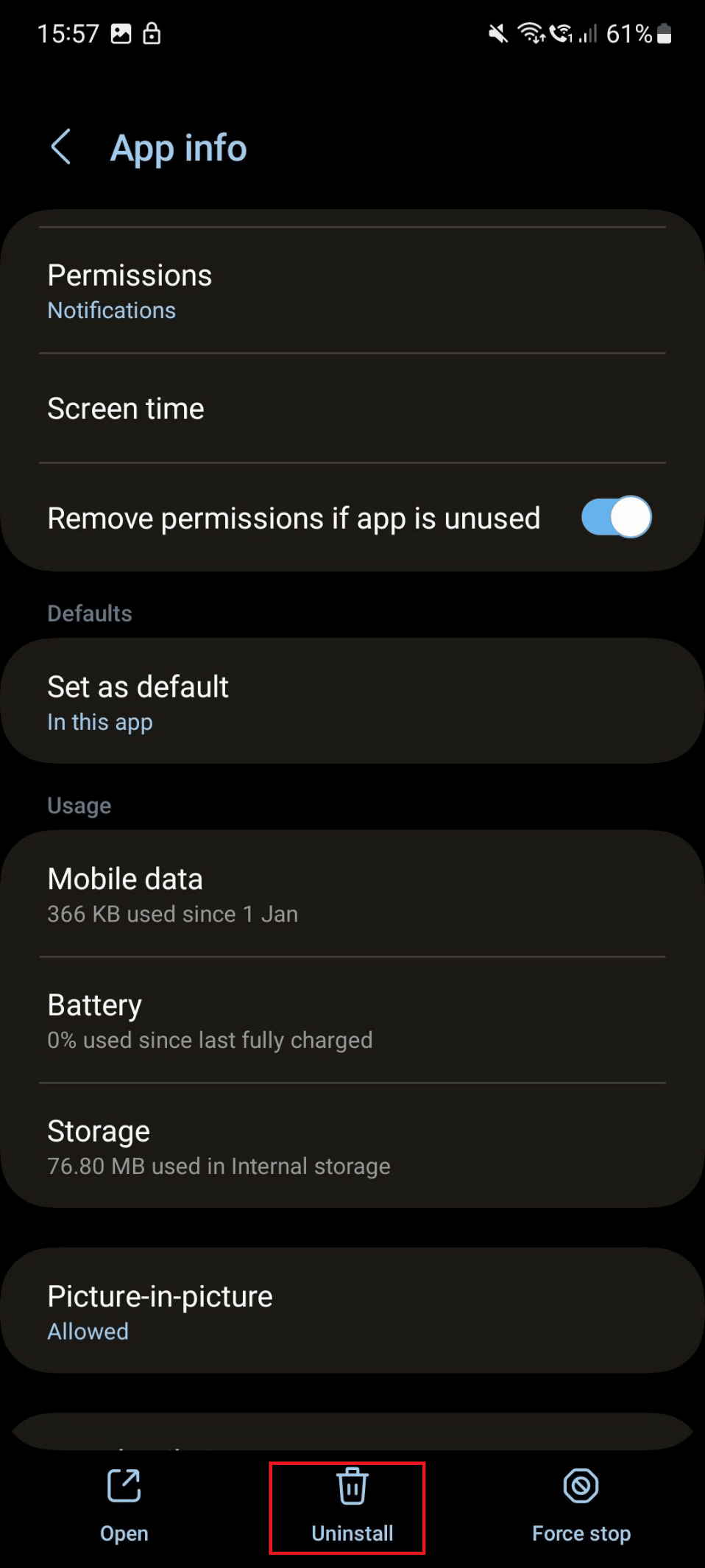 option de désinstallation
