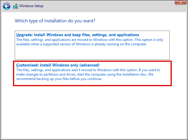 Windows セットアップでのインストール タイプの選択