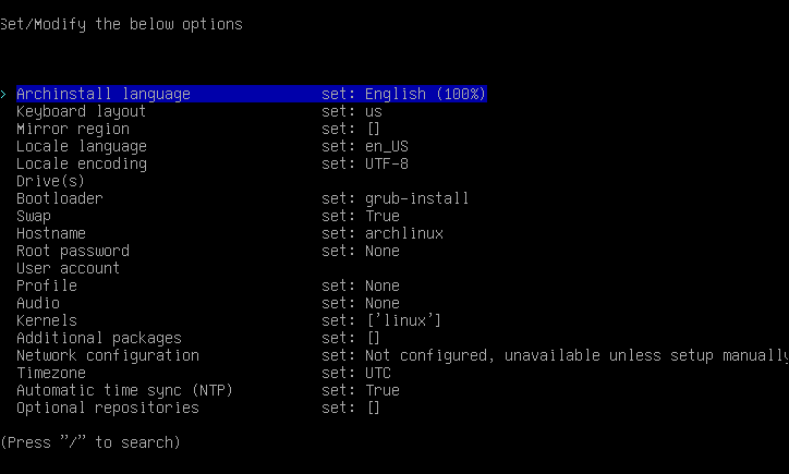 Arch Linux“arch install”脚本显示选项列表