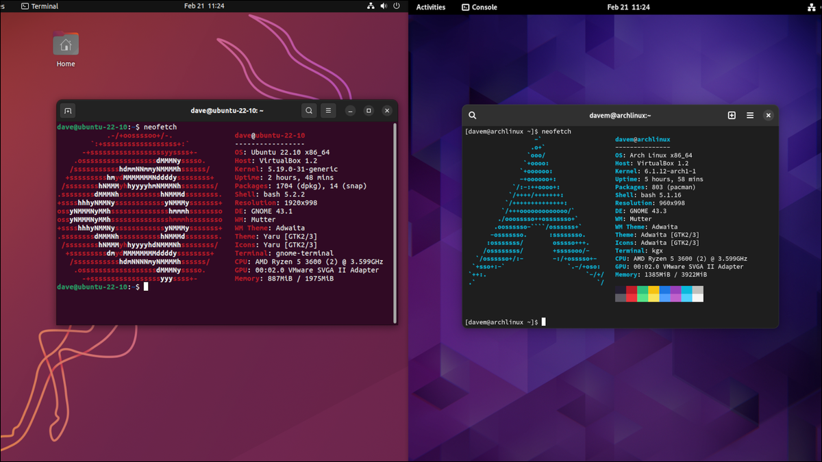 Ubuntu 和 Arch Linux GNOME 桌面并排