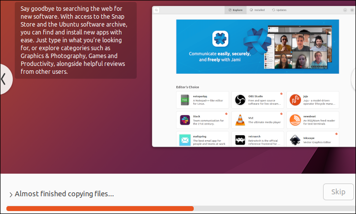 显示信息屏幕和进度条的 Ubuntu 图形安装工具