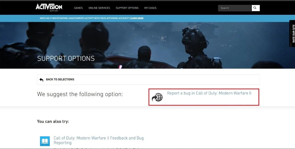 cliquez sur Signaler un bug dans Call of Duty: Modern Warfare II. Correction de l'erreur de développement 615 dans Modern Warfare 2