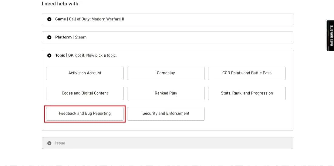 Sélectionnez le sujet Feedback and Bug Reporting