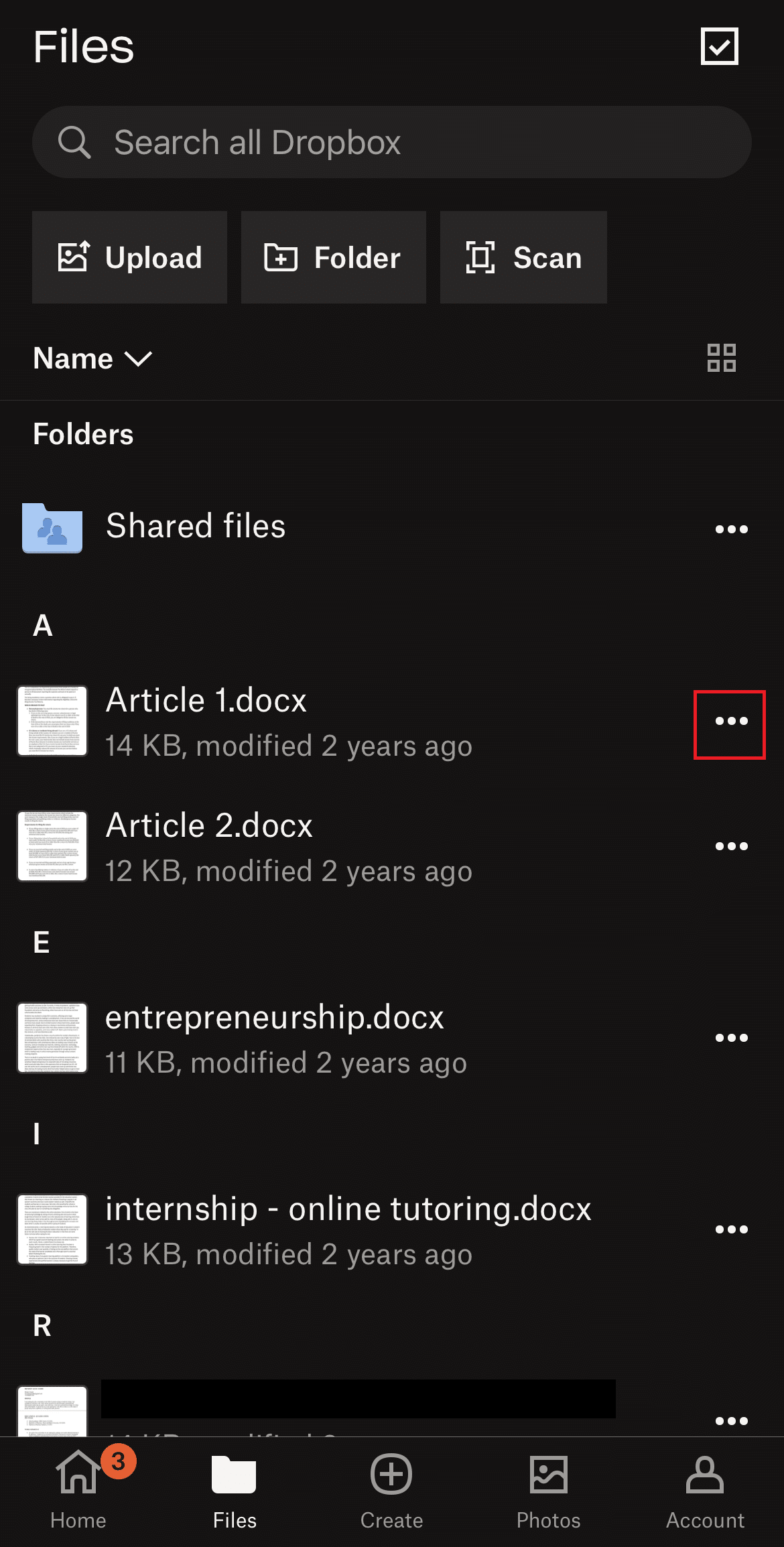 Tippen Sie auf das Symbol mit den drei Punkten. Beheben Sie Dropbox nicht genügend Speicherplatz, um auf den Ordner zuzugreifen