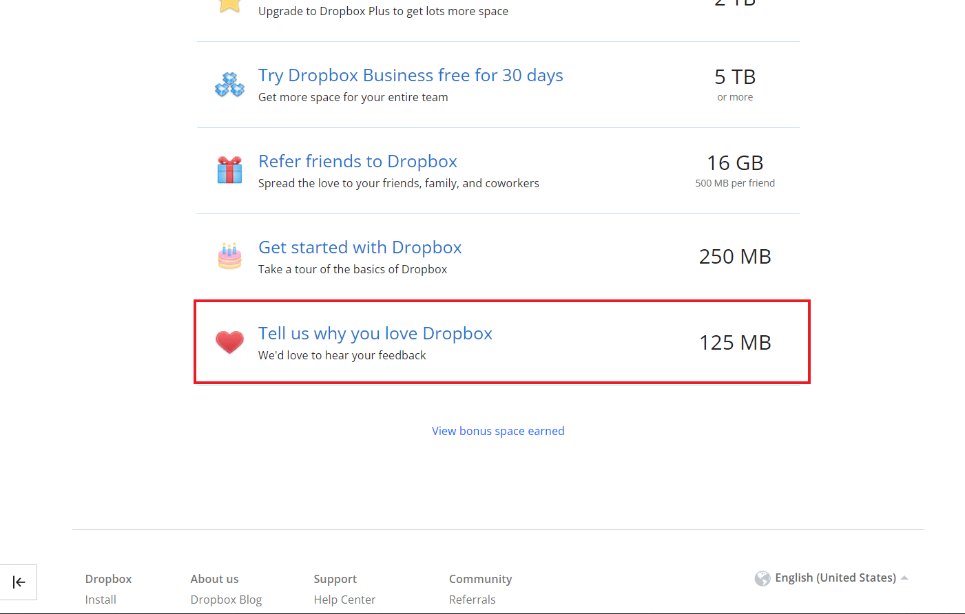 Klicken Sie auf Sagen Sie uns, warum Sie Dropbox lieben