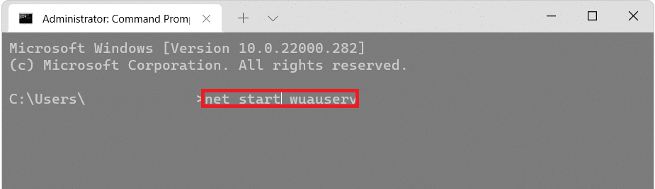 comandă pentru a porni wuauserv în fereastra prompt de comandă
