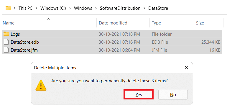 Ștergerea tuturor fișierelor și folderului din folderul DataStore. Cum să remediați eroarea de instalare eșuată a actualizărilor 0x800f0988 în Windows 11
