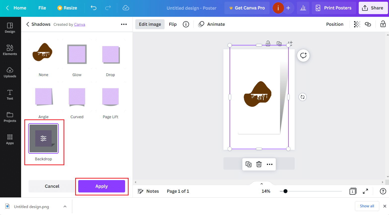 Klik pada efek Bayangan dan pilih Terapkan | Cara Membuat Efek Bayangan di Canva