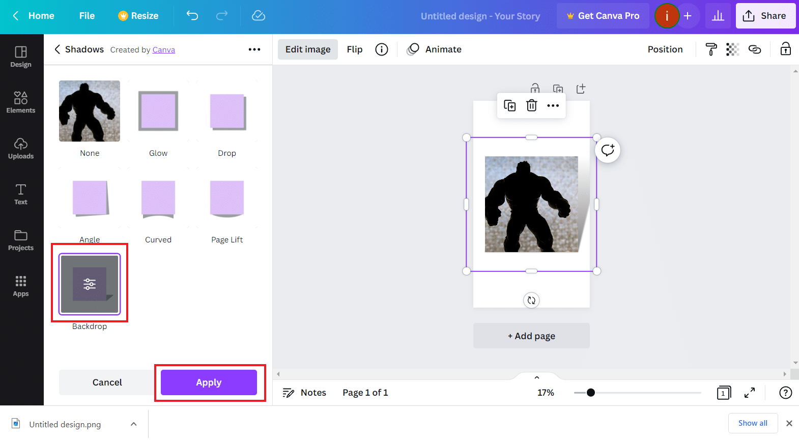 Pilih efek Bayangan dan klik Terapkan | Cara Membuat Efek Bayangan di Canva