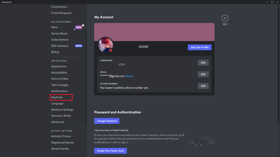Scorri verso il basso e fai clic su Keybind sul lato sinistro.