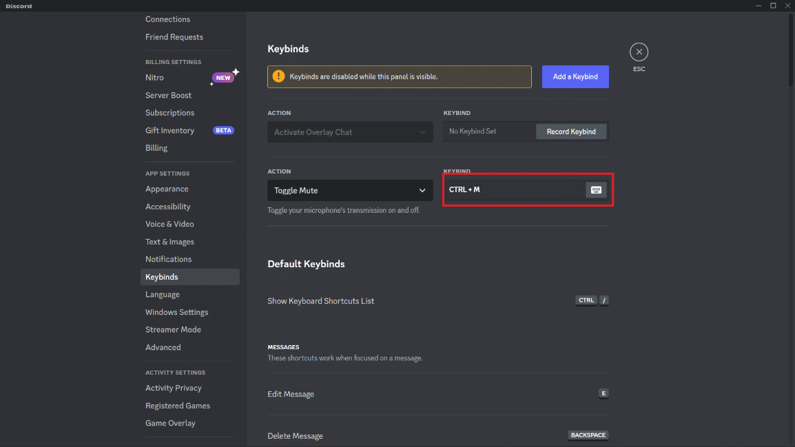 Premi la combinazione di tasti desiderata che desideri impostare per disattivare l'audio di un canale in Discord.