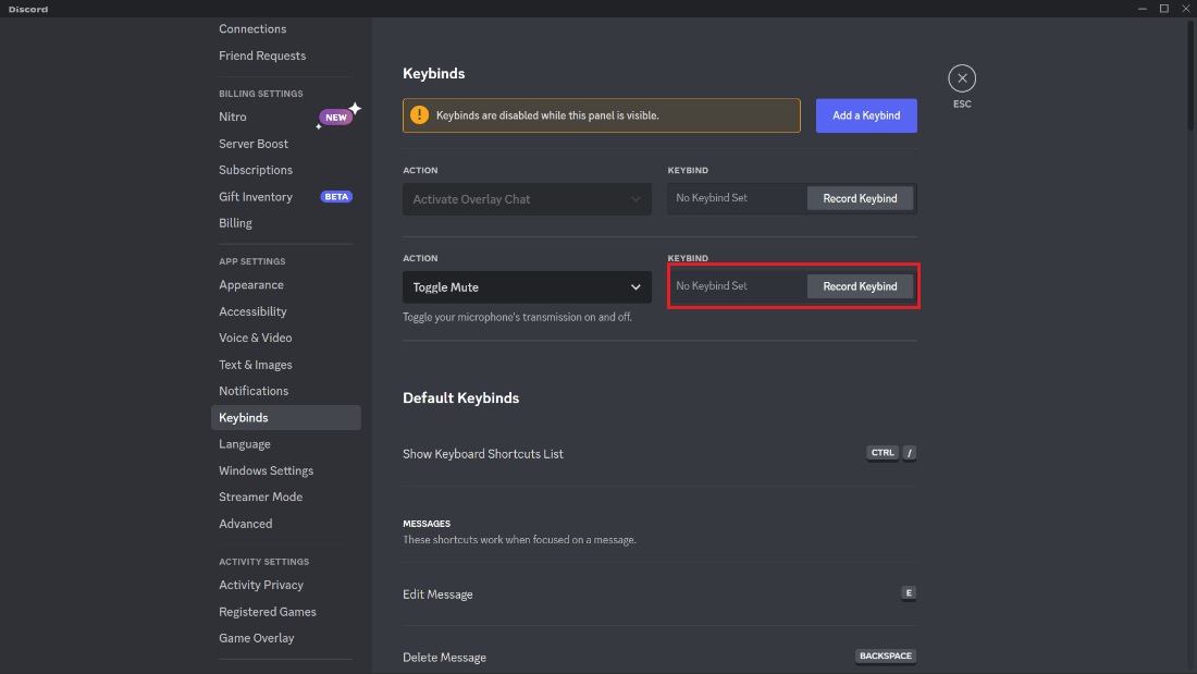 fare clic su Registra associazione tasti | Come silenziare il microfono in Discord