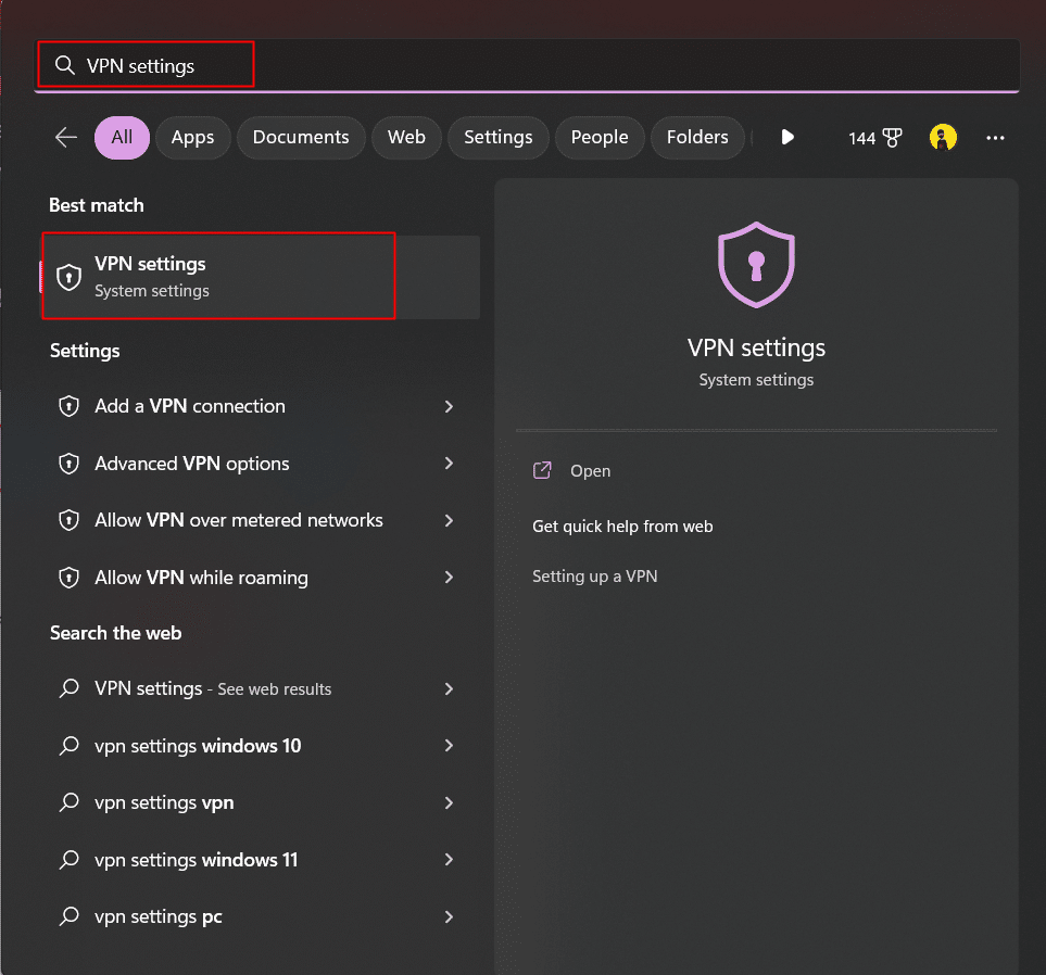 Windows PC의 검색 표시줄에서 VPN 설정을 검색하고 엽니다.