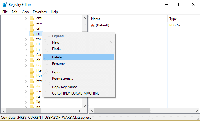 elimina la chiave di registro .exe in classi