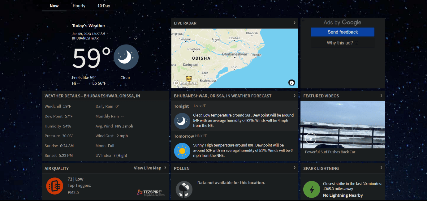 WeatherBug resmi web sitesinin ana sayfası