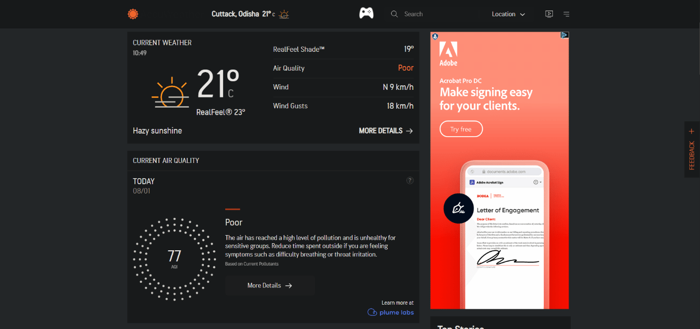 AccuWeather'ın resmi web sitesinin ana sayfası