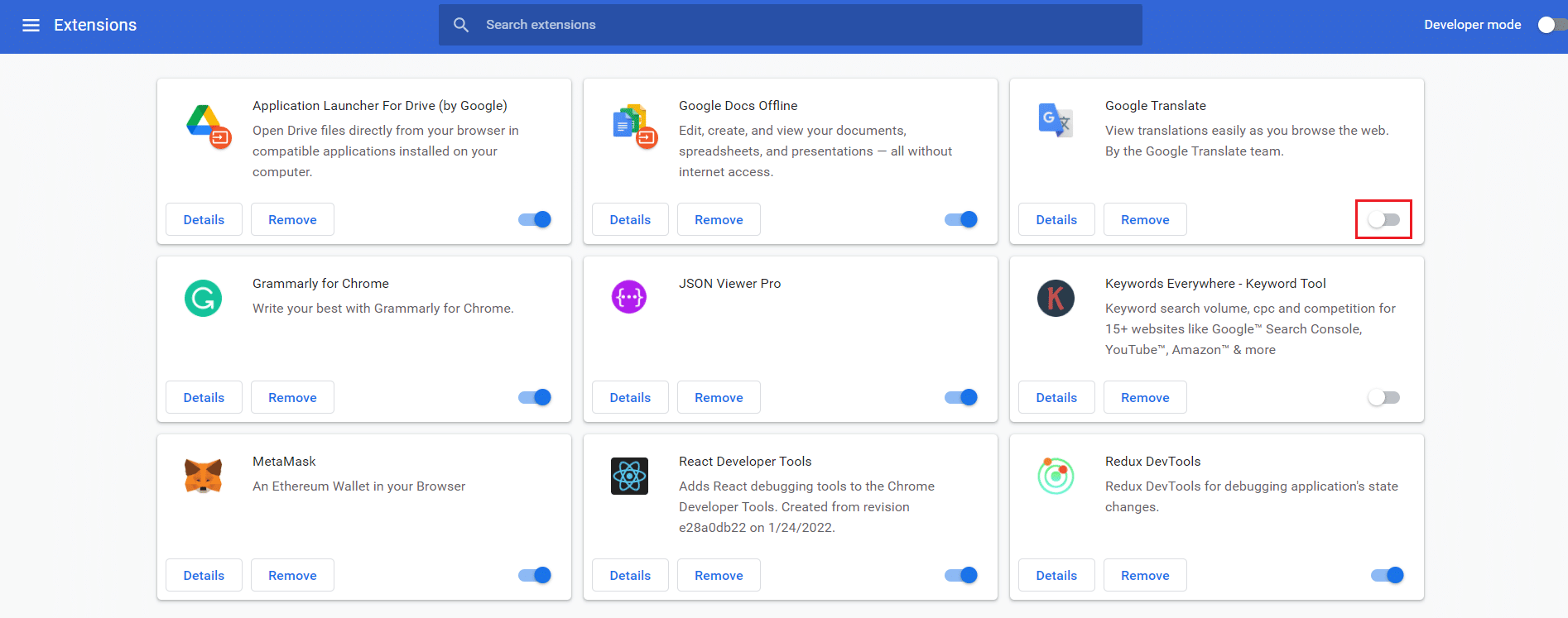 wyłącz przełącznik rozszerzenia Tłumacza Google w przeglądarce Google Chrome. Napraw niedozwolony błąd czatu GPT 403