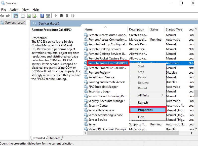 haga clic con el botón derecho en Llamada a procedimiento remoto (RPC) y seleccione Propiedades. Reparar el servidor RPC no está disponible en Windows 10