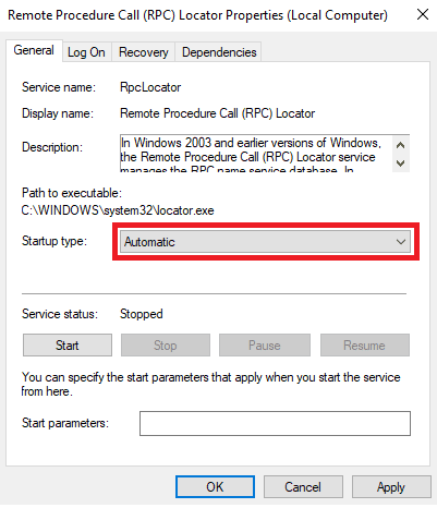 Asegúrese de que el Tipo de inicio esté configurado en Automático