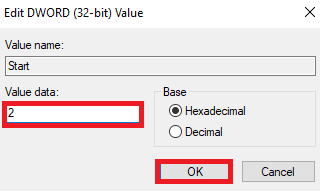 cambie los datos del valor a 2 y haga clic en Aceptar. Reparar el servidor RPC no está disponible en Windows 10