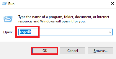 escriba regedit y haga clic en Aceptar para abrir el Editor del Registro
