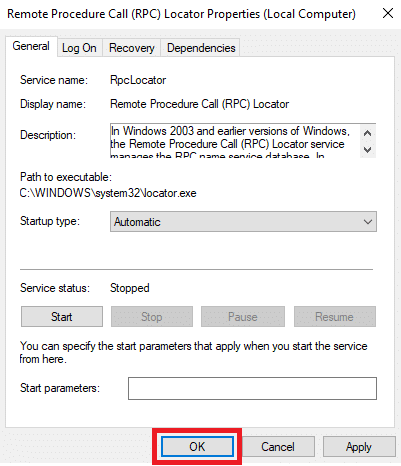 haga clic en Aceptar para guardar los cambios. Reparar el servidor RPC no está disponible en Windows 10