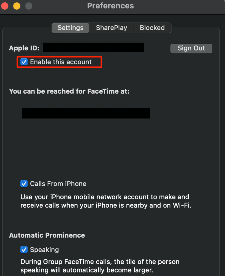 marque habilitar esta opción de cuenta | El video FaceTime no funciona en Mac