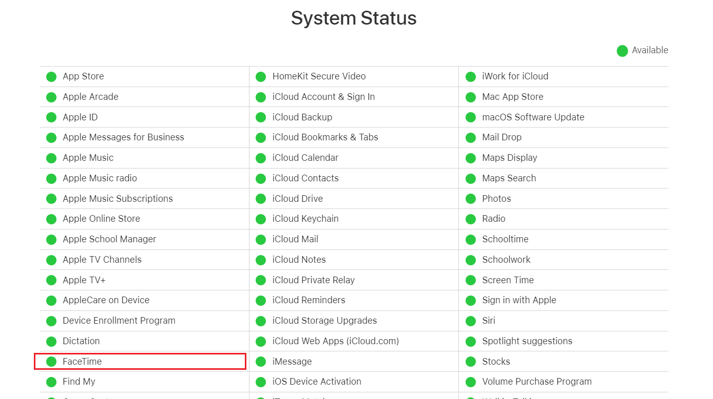 Estado del sistema Apple - FaceTime