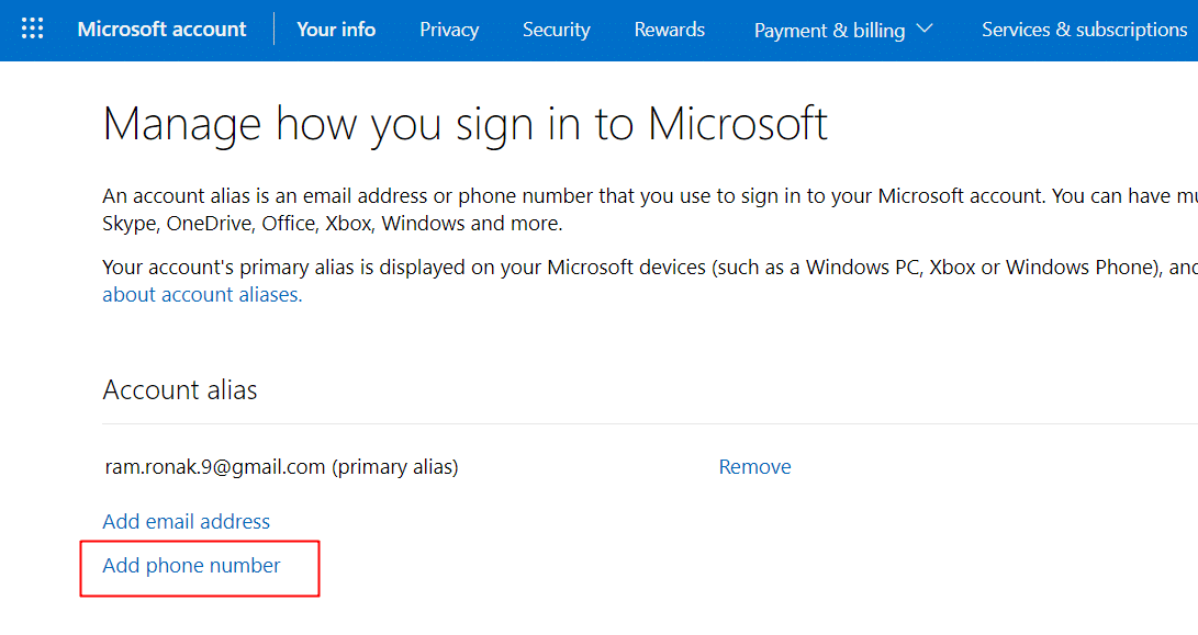 Conectați-vă la contul Microsoft și faceți clic pe Adăugați numărul de telefon