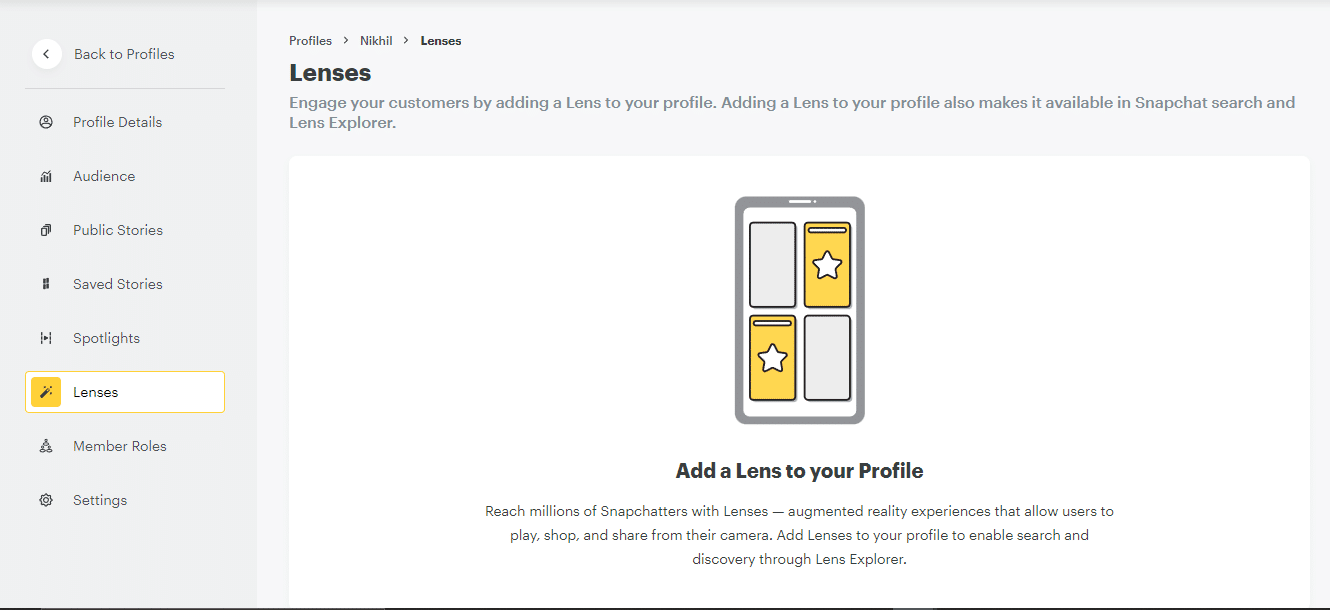 Anda dapat melihat lensa Anda dan juga memperbarui lensa Anda dari sini. Profil pembuat lensa Snapchat