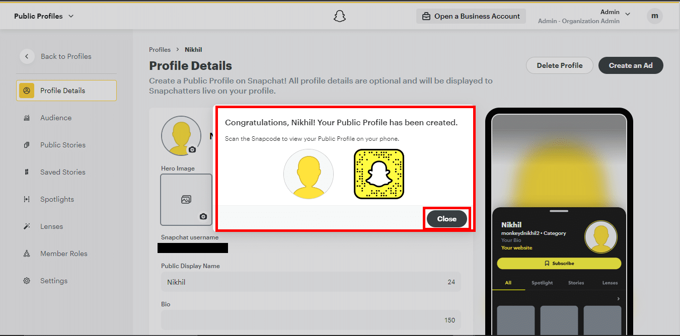 Pesan ucapan selamat akan ditampilkan kepada Anda lalu klik Tutup. Profil pembuat lensa Snapchat