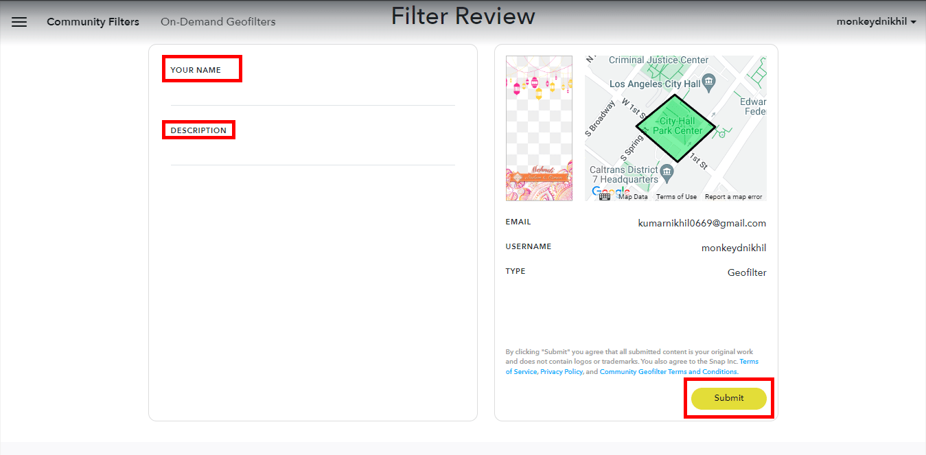 Kirim filter Anda dengan menambahkan nama dan deskripsi Anda. Cara Membuat Filter Snapchat Gratis