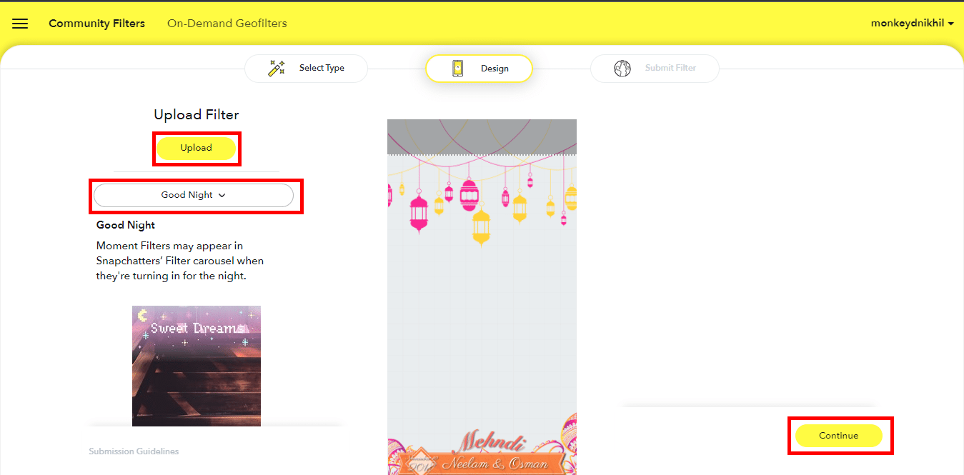 Unggah Filter Anda dan Pilih momen dari dropdown dan klik lanjutkan. Profil pembuat lensa Snapchat