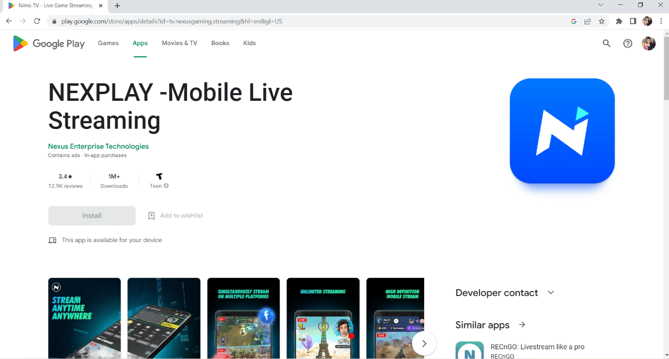 Page officielle de Nexplay sur Google play