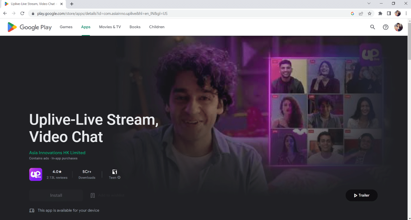 Page officielle d'UpLive sur Google play