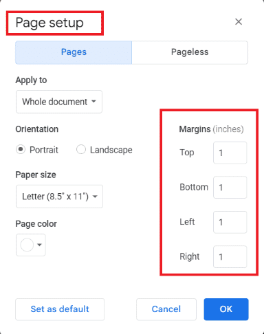 اعداد الصفحة. ما هي الهوامش الافتراضية في محرر مستندات Google؟
