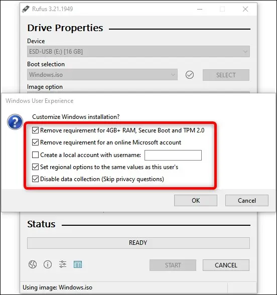 Windows 11 のインストールを含む起動可能な USB フラッシュ ドライブを作成するときは、Windows 11 のユーザー エクスペリエンスに関して次の 4 つのオプションを選択することをお勧めします。