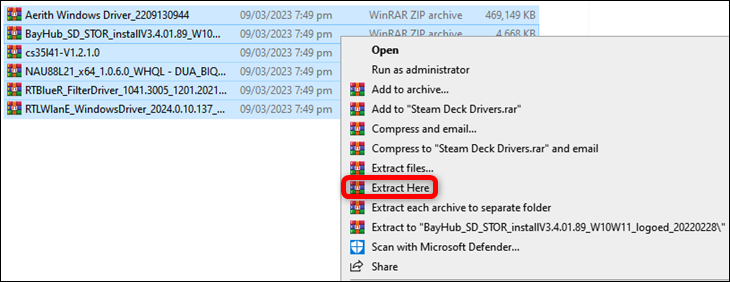 6 つの Steam Deck Windows ドライバー アーカイブを、ダウンロードしたフォルダーと同じフォルダーに抽出する必要があります。