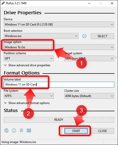 Windows To Go イメージ オプションを選択し、起動可能な Windows 11 インストールを MicroSD カードに作成するプロセスを開始します。