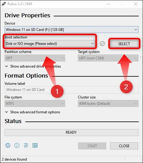 [ディスク] または [ISO イメージ] オプションを選択してから、Windows ISO ファイルを選択して開く必要があります。