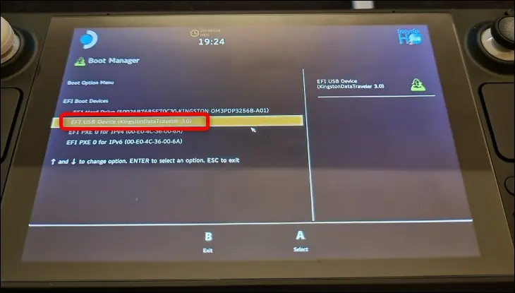 Steam Deck の Boot Manager で USB フラッシュ ドライブを選択します。