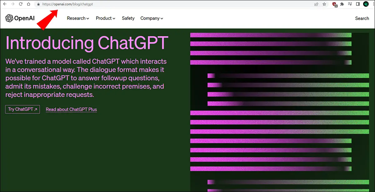 imagine a paginii oficiale ChatGPT a OpenAI cu o săgeată roșie care indică adresa site-ului web în partea de sus a ecranului.