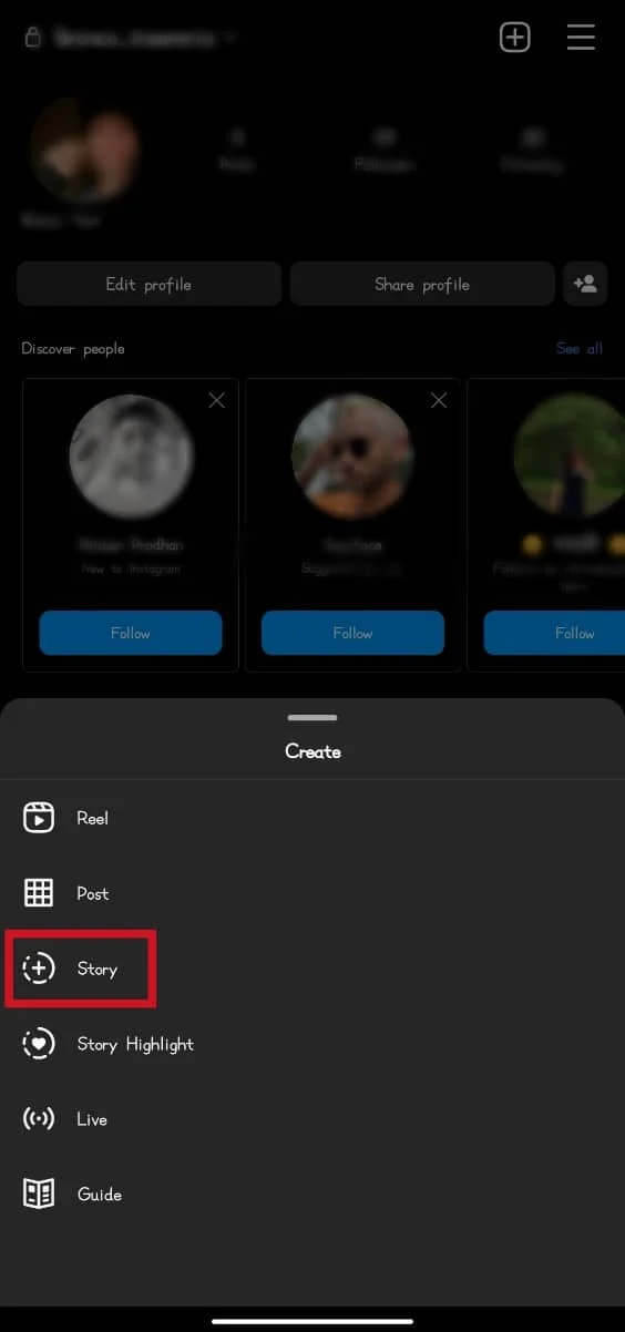 ในหน้าต่างสร้าง แตะที่ตัวเลือกเรื่องราว | วิธีเพิ่ม GIF ของคุณเองใน Instagram Story บน Android
