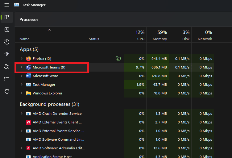 Microsoft Teams의 프로세스를 찾아 마우스 오른쪽 버튼으로 클릭하십시오.