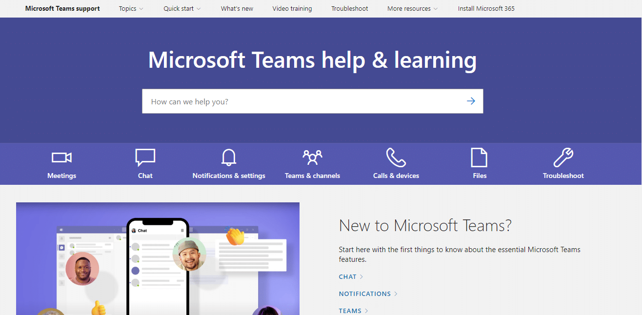 Pagina di supporto di Microsoft Teams. Correggi il codice di errore di Microsoft Teams 4c7