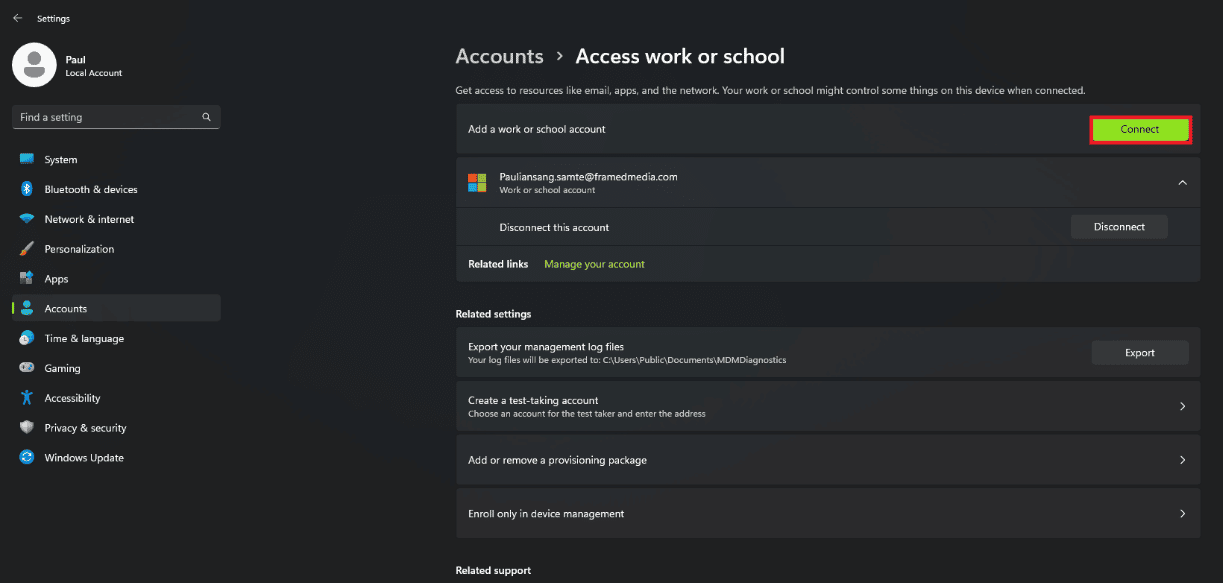 Fare clic sul pulsante Connetti per aggiungere nuovamente l'account
