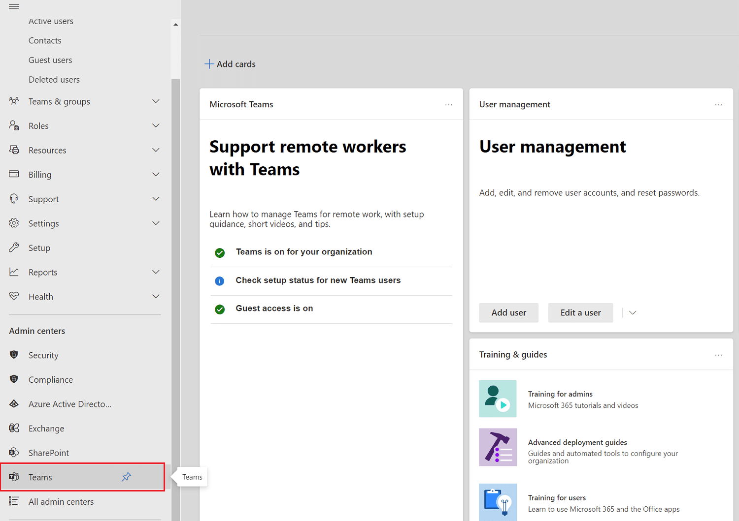 Scorri verso il basso fino all'area dell'interfaccia di amministrazione di Office 365 nel riquadro a sinistra e fai clic su Teams