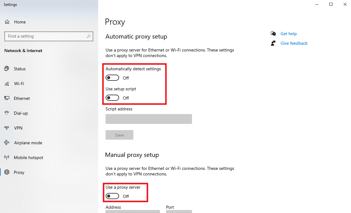 Rileva automaticamente le impostazioni Usa lo script di installazione Usa un server proxy