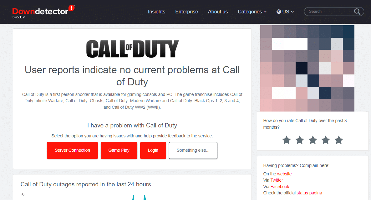 Page de détection des pannes de Call of Duty